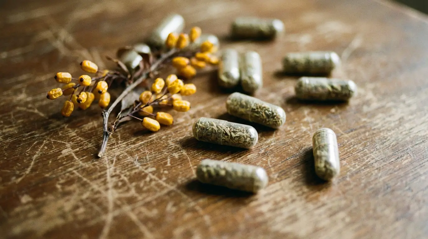 Berberine supplement capsules with barberry plant