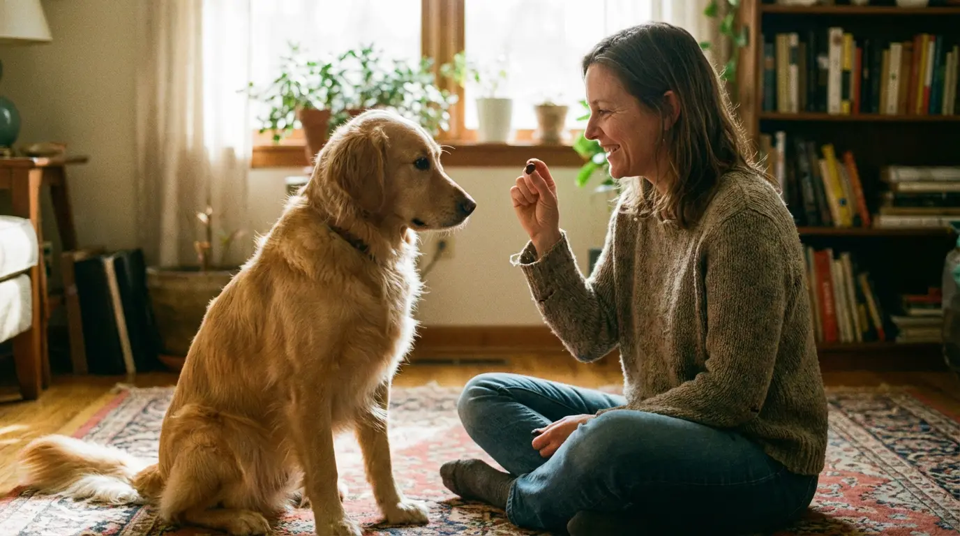 Dog owner training her golden retriever using positive reinforcement techniques at home