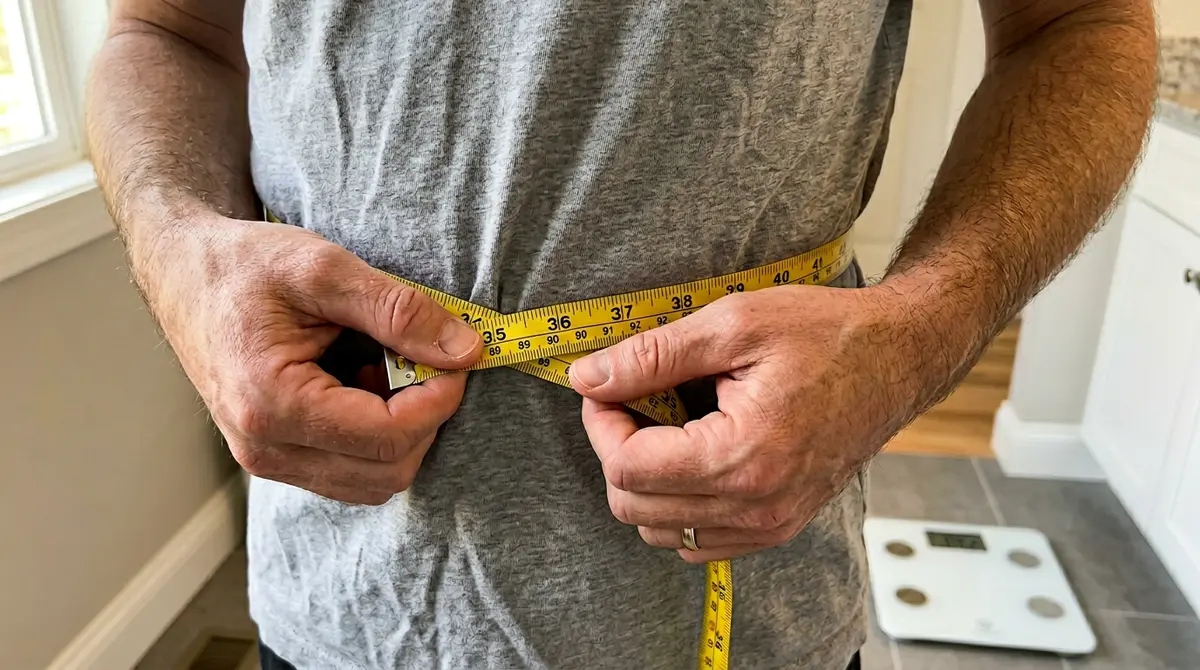 Woman measuring waist showing weight loss progress results authentic candid photo natural window light