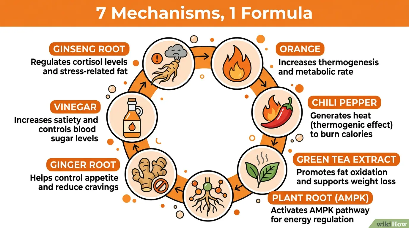 Citrus Burn 7 ingredients complete fat burning pathway diagram showing multiple mechanisms WikiHow style