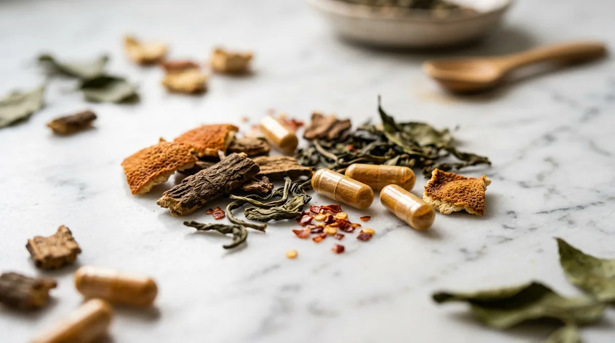 Citrus Burn supplement bottle with orange peel and natural plant ingredients on wooden table