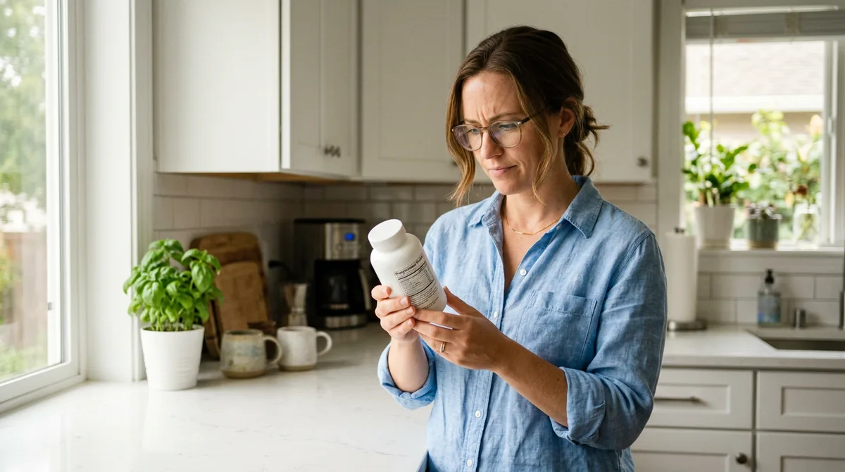 Woman reading supplement bottle label carefully in bright kitchen natural light safety check