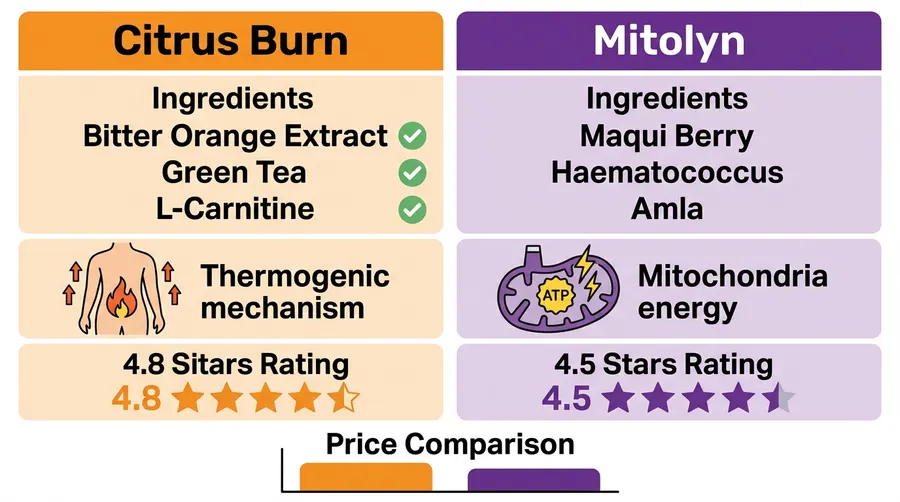 Citrus Burn vs Mitolyn comparison chart — ingredients, thermogenic vs mitochondrial mechanism, and star ratings side by side