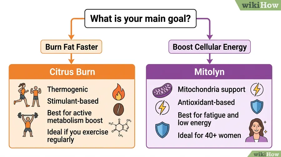 Citrus Burn vs Mitolyn decision tree — burn fat faster with thermogenic Citrus Burn vs boost cellular energy with mitochondria-focused Mitolyn