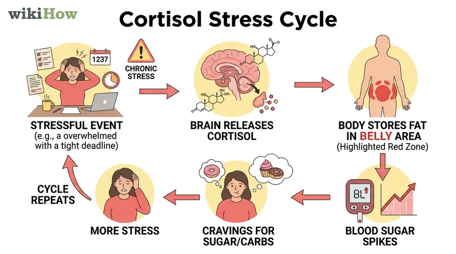The cortisol stress cycle — chronic stress triggers belly fat storage, blood sugar spikes, sugar cravings in a vicious loop