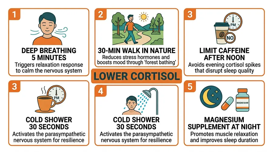 5 natural ways to lower cortisol daily — deep breathing for 5 minutes, 30-min nature walk, limiting caffeine after noon, cold shower, and magnesium at night