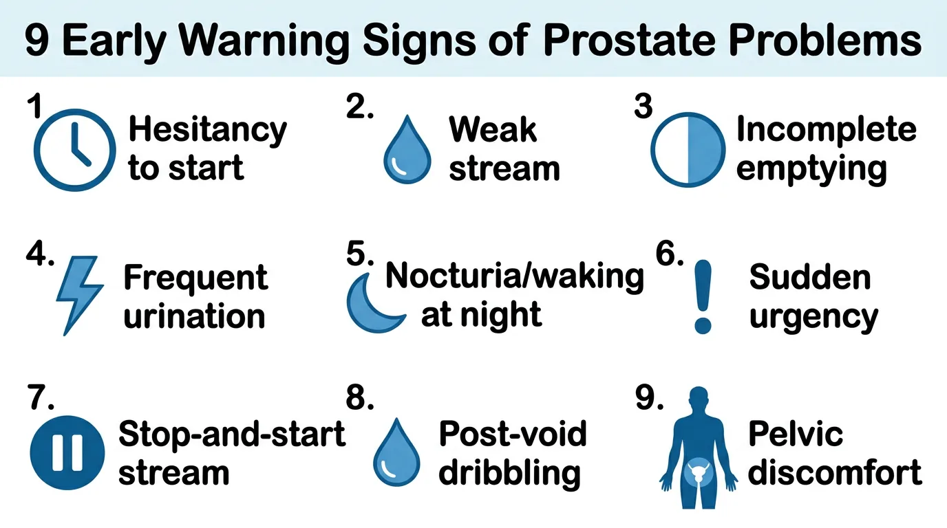 9 early prostate warning signs checklist diagram WikiHow educational illustration urinary symptoms