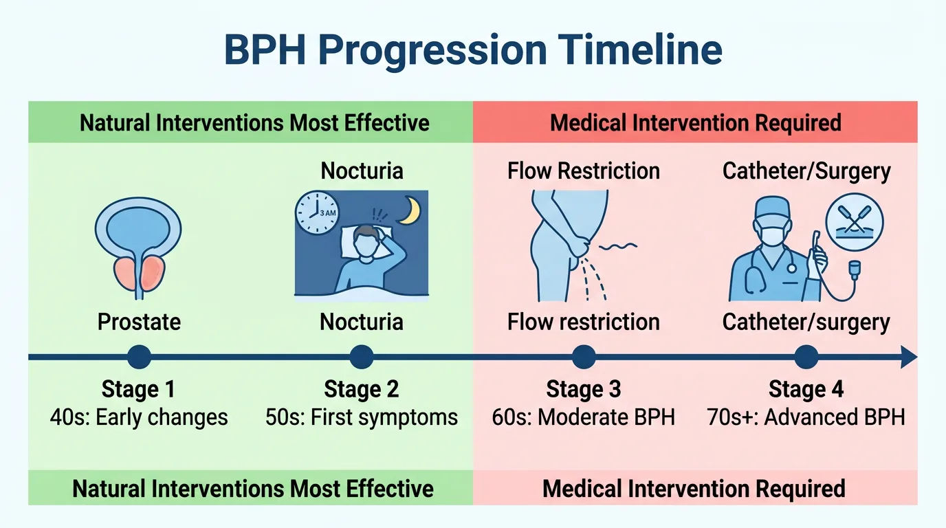 BPH progression timeline from early symptoms to advanced stages showing intervention windows WikiHow diagram