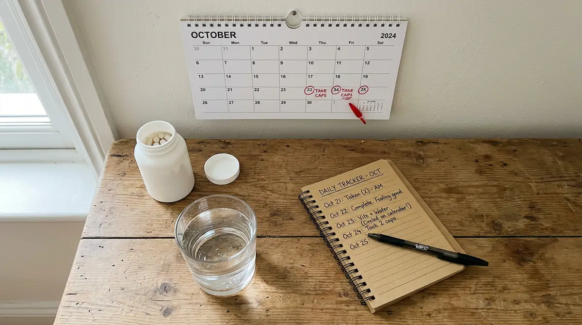 Woman tracking weight loss progress on calendar showing results timeline natural morning light
