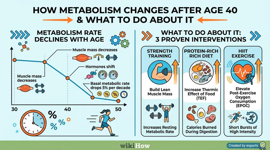How metabolism changes after age 40 — muscle mass loss, hormone shifts, BMR decline, and 3 proven interventions: strength training, protein diet, HIIT