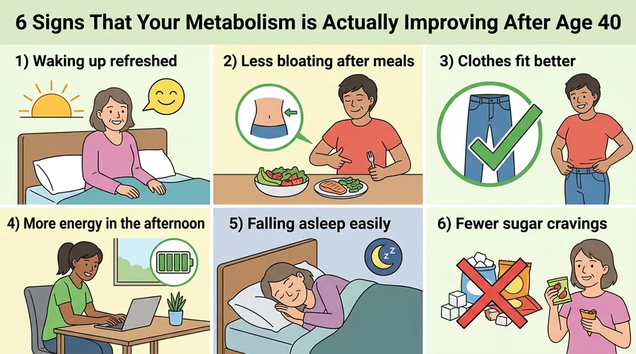 6 signs your metabolism is improving after 40 — waking up refreshed, less bloating, clothes fitting better, more energy, falling asleep easily, fewer sugar cravings