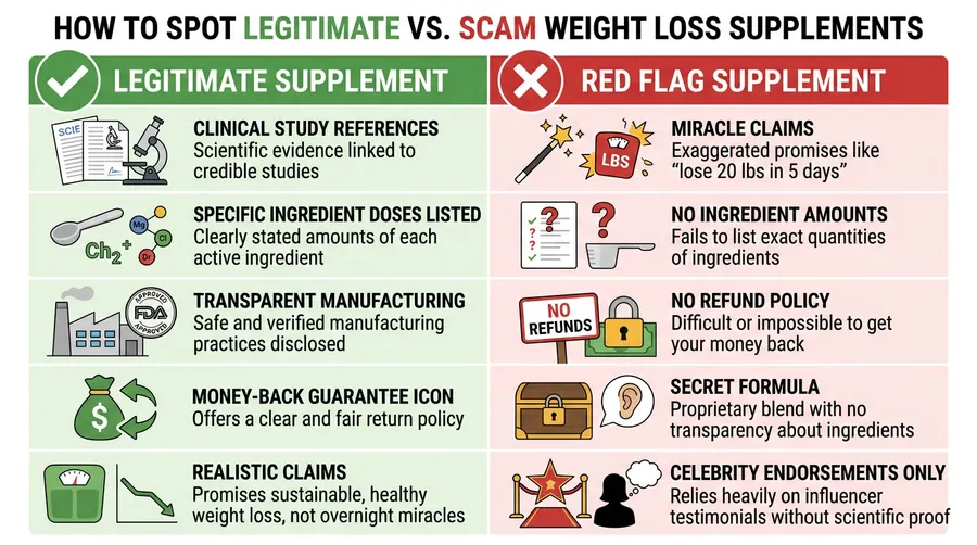 How to spot a legitimate vs scam weight loss supplement — clinical studies, transparent ingredients, money-back guarantee vs miracle claims and secret formulas