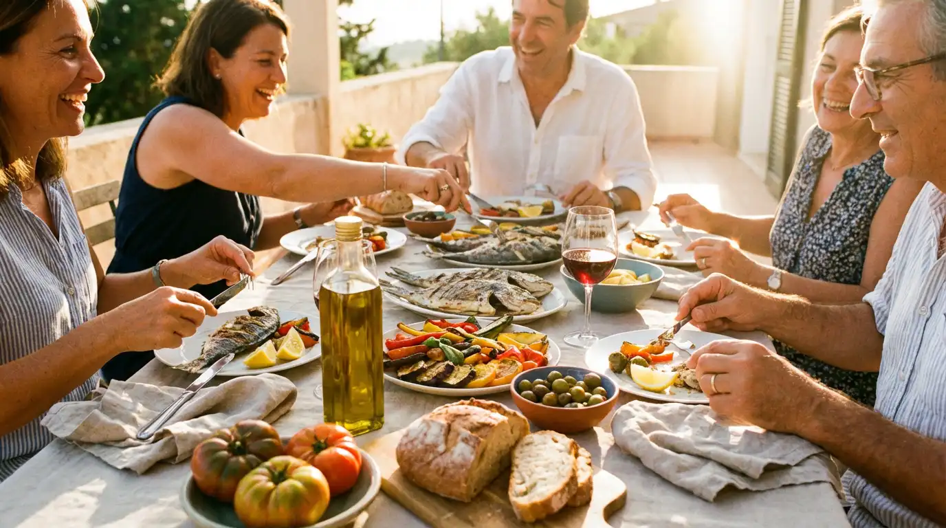 Mediterranean diet foods including olive oil, fish, vegetables and whole grains