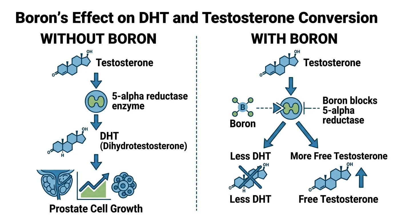 Boron DHT metabolism testosterone conversion prostate health mechanism diagram WikiHow style