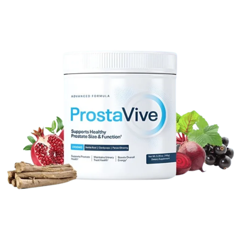 ProstaVive supplement powder scoop with natural herbs tongkat ali ashwagandha on clean surface