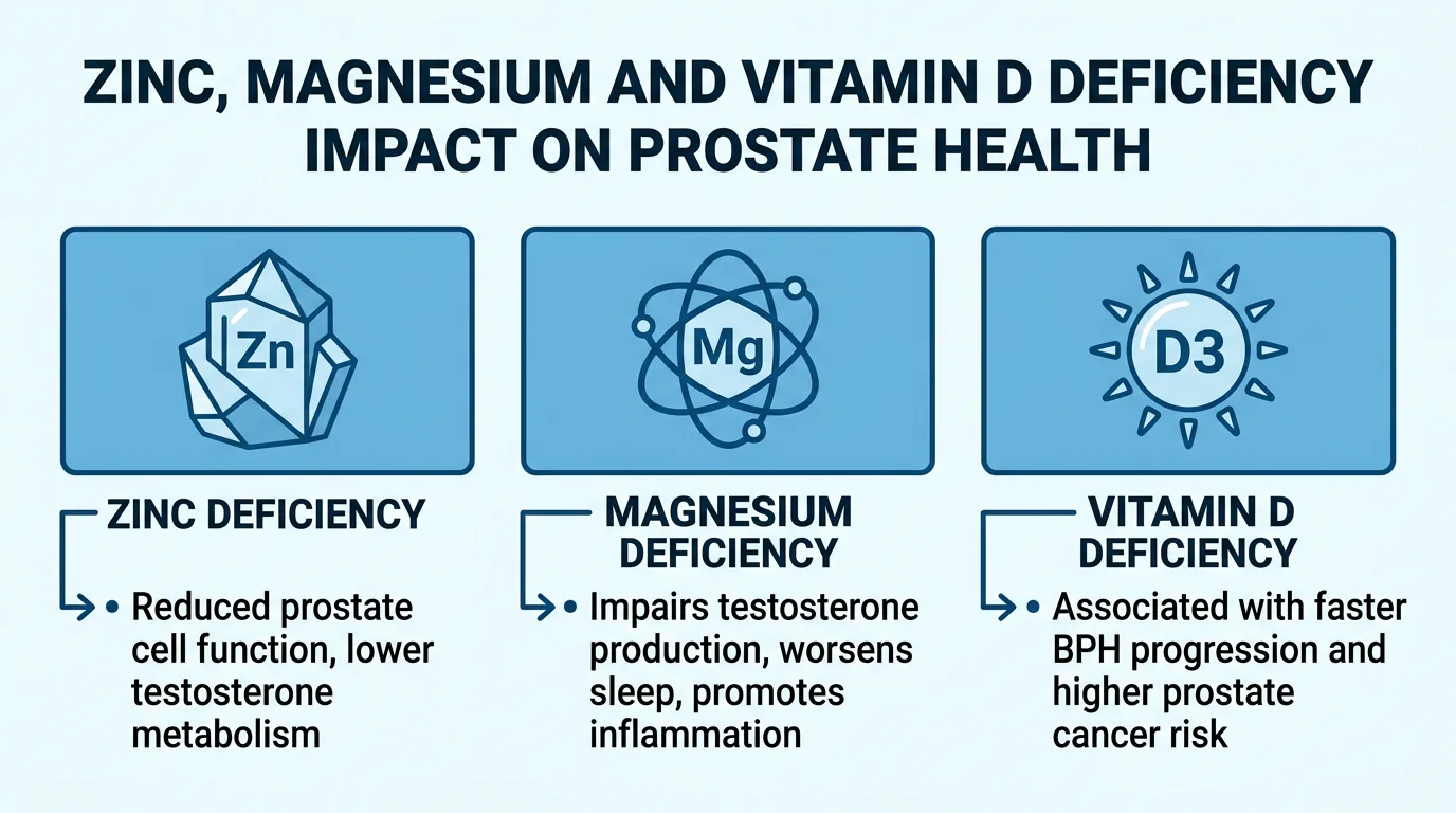 Zinc magnesium vitamin D prostate health deficiency impact diagram WikiHow educational illustration