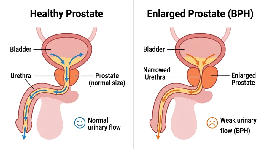 Healthy vs enlarged prostate (BPH) anatomy diagram — how prostate growth narrows the urethra, causing weak urinary flow and nighttime urgency