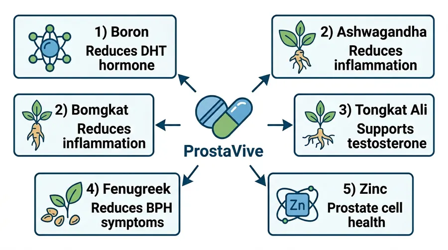 ProstaVive key ingredients diagram — Boron, Ashwagandha, Tongkat Ali, Fenugreek, and Zinc with their specific prostate health benefits's natural herbs, proven formula, and consistent use lead to better prostate health