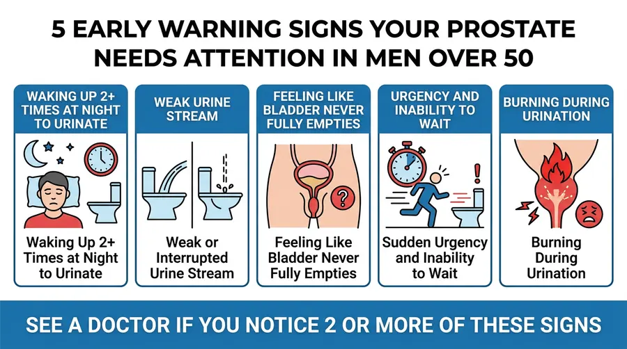 5 early warning signs your prostate needs attention in men over 50 — waking at night to urinate, weak stream, incomplete bladder emptying, sudden urgency, burning sensation