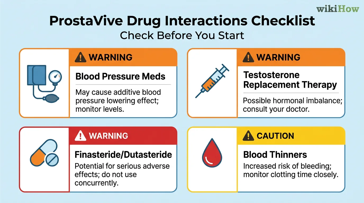 ProstaVive drug interactions checklist blood pressure testosterone medications WikiHow educational illustration