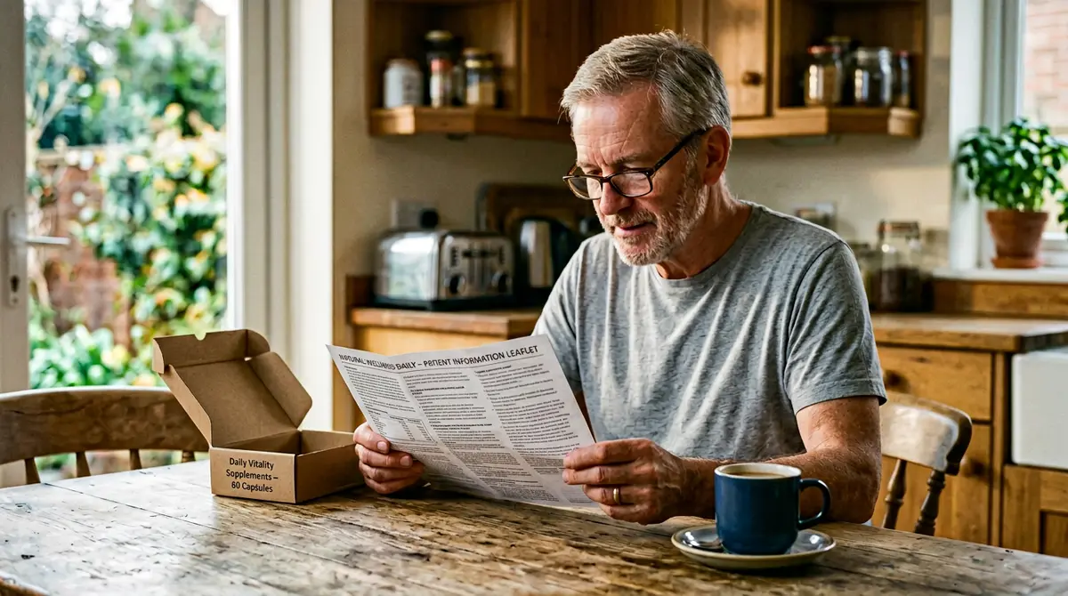 Man in his 60s reading supplement label carefully at kitchen table morning light candid