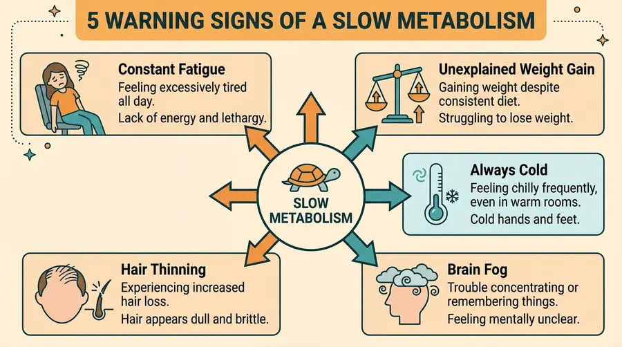 5 warning signs of a slow metabolism — constant fatigue, unexplained weight gain, always cold, brain fog, and hair thinning