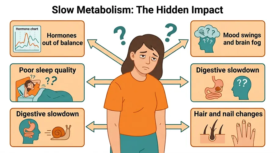 Slow metabolism hidden impact beyond weight gain — hormones out of balance, poor sleep quality, mood swings and brain fog, digestive slowdown, hair and nail changes