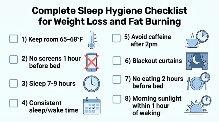 Complete sleep hygiene checklist for weight loss — 8 evidence-based habits that optimize leptin, ghrelin and overnight fat burning