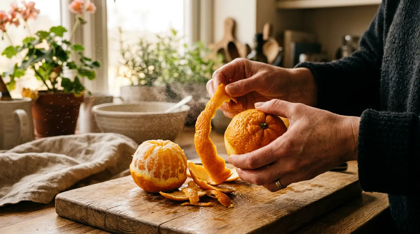 Hands peeling a fresh bitter Seville orange on a wooden cutting board, candid kitchen photo