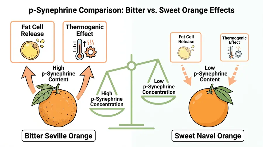 p-Synephrine diagram: Bitter Seville orange vs sweet navel orange — fat cell release and thermogenic effects side by side