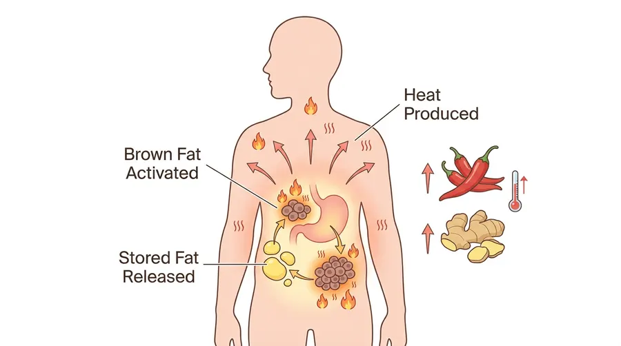 How thermogenesis works in the human body — brown fat activated, stored fat released as heat, triggered by natural compounds