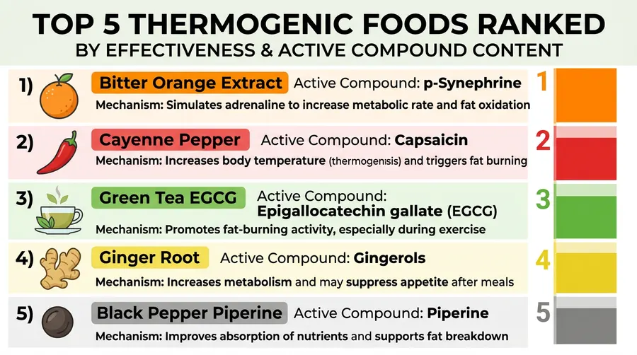 Top 5 thermogenic foods ranked by effectiveness — bitter orange extract, cayenne pepper, green tea EGCG, ginger root, and black pepper piperine