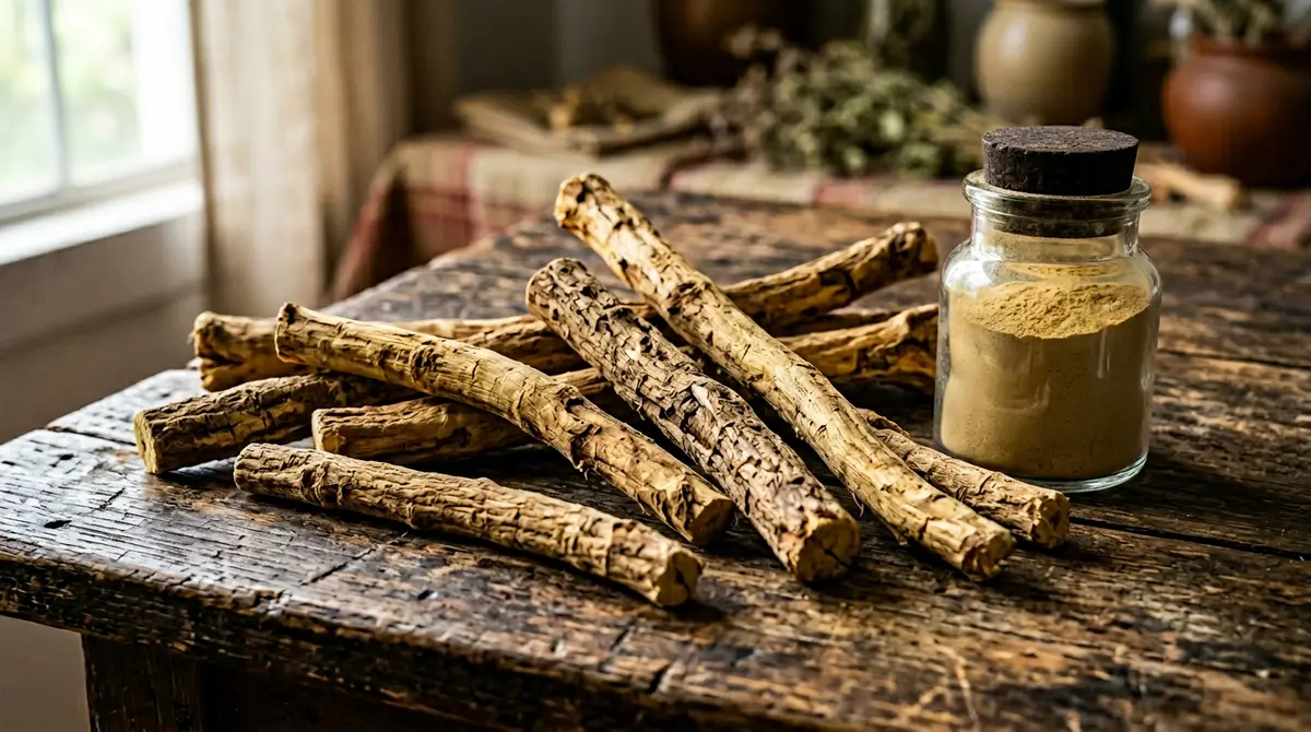 Tongkat Ali root eurycoma longifolia natural plant on wooden surface close up authentic photo