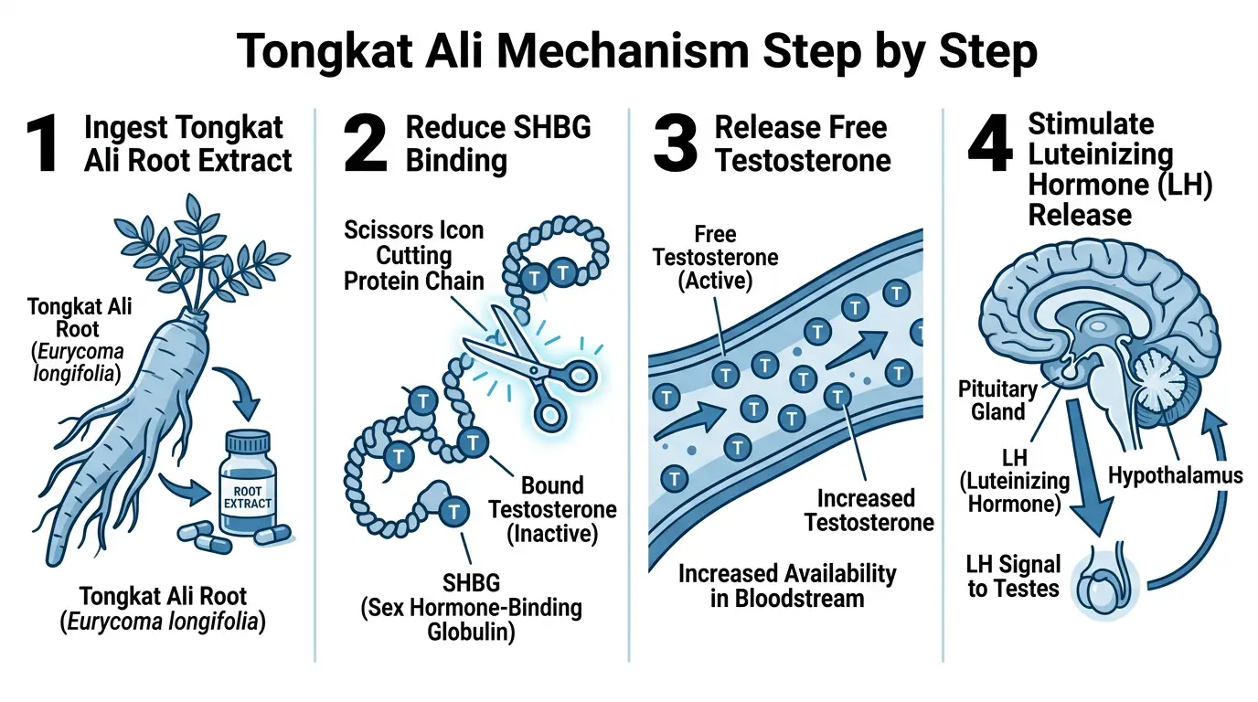 Tongkat Ali SHBG reduction free testosterone optimization prostate mechanism diagram WikiHow style