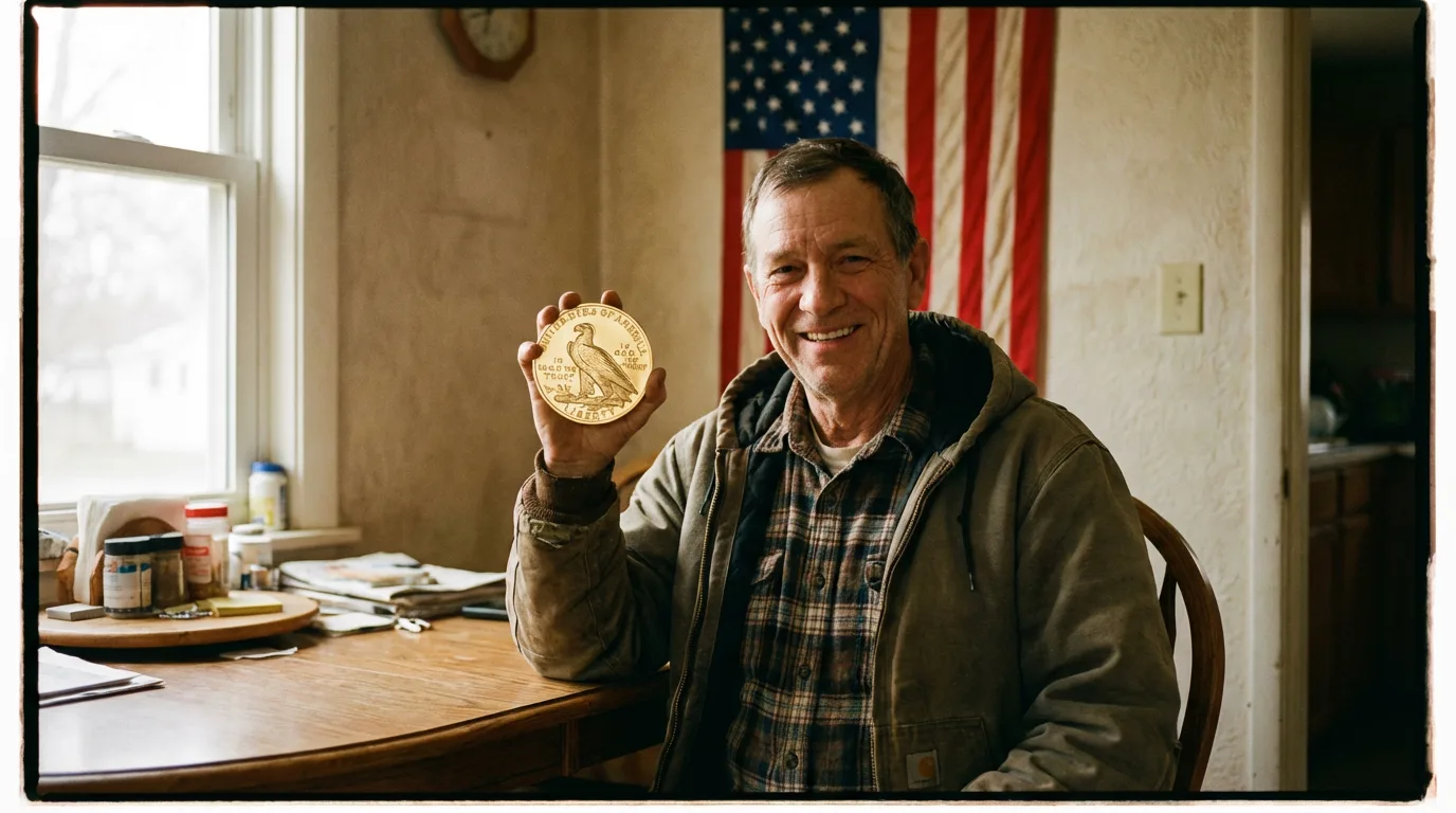 Man proudly holding a Trump Golden Eagle commemorative medallion